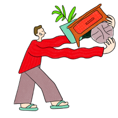 Ilustração de um homem de camisa vermelha, segurando uma mesa, um vaso de planta e uma bola de basquete